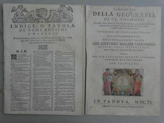 Geografia Di Tolomeo - Magini - Title Page With Coloured Copper Engraving - 1620
