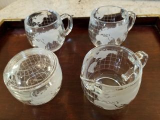 Vintage Nestle Nescafe Etched Glass World Globe Frosted Creamer Sugar Bowl Mugs