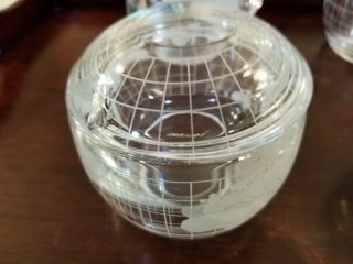 Vintage NESTLE Nescafe Etched Glass World Globe Frosted Creamer Sugar Bowl Mugs 2