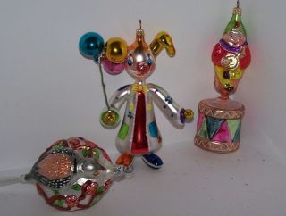 3 Radko Christmas Tree Ornaments 2 Clowns,  Partridge In A Pear Tree