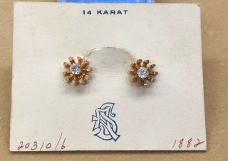 Vintage Victorian 14k Yellow Gold Screw Back Earrings W/ Clear Stone On Card