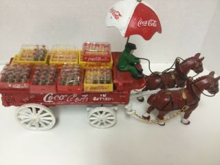 Vintage Coca - Cola Cast Iron Horse - Drawn Wagon Driver Umbrella Coke Bottles