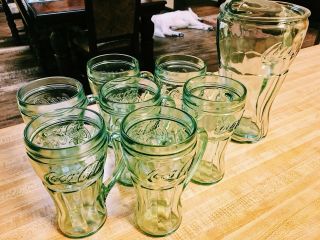 Set Of 7 Coca Cola Glasses And 1 Pitcher With Handles And A Green Tint