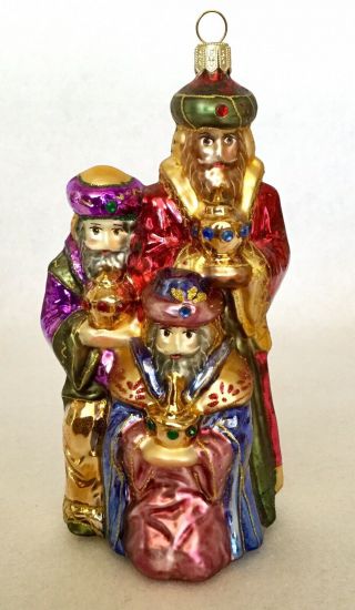 Blown Glass Christmas Ornament 3 Kings / Wise Men Vibrant Colors Faux Jewels