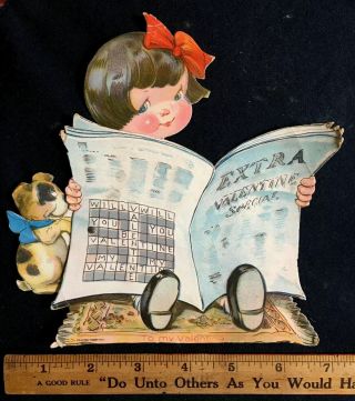 Vintage Valentine Card,  Mechanical,  Little Girl Puppy Reading Newspaper Germany