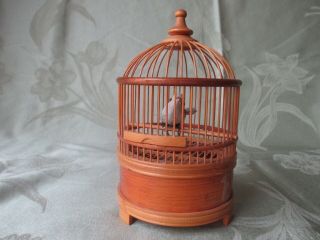 Vintage Automoton Bird In Cage Wooden Music Box