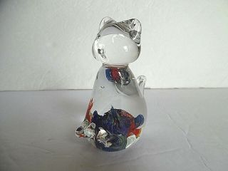Art Glass Cat Paperweight With Fish Inside