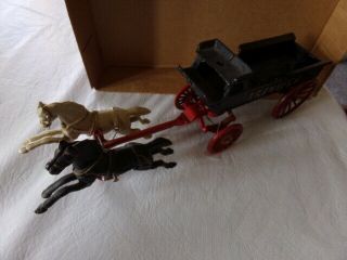 Cast Iron Horse Drawn Transfer Wagon With 2 Horses Vintage Toy Collectible