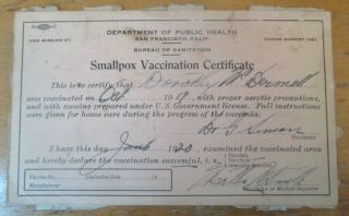 Vintage 1920 San Francisco Dept.  Public Health Smallpox Vaccination Certificate