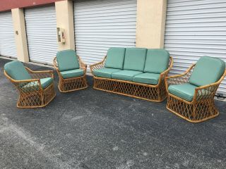 Vintage Wicker Rattan Pencil Reed Patio Set Love Seat 3 Chairs 1940 