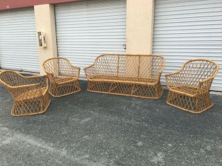 Vintage Wicker Rattan Pencil Reed Patio Set Love Seat 3 Chairs 1940 ' s Cushions 2