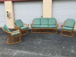 Vintage Wicker Rattan Pencil Reed Patio Set Love Seat 3 Chairs 1940 ' s Cushions 3
