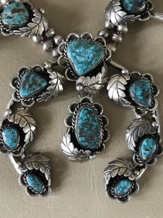 Vintage Old Turquoise And Silver Squash Blossom Necklace,  Substantial