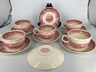 (5) Currier And Ives Coffee Or Tea Cup Set Plus 2 Xtra Saucers “view Of York