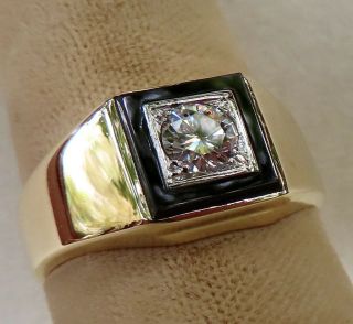 Mens Vintage Art Deco.  50 Ct.  H - Vs Diamond Solitaire & Onyx 14k Gold Ring