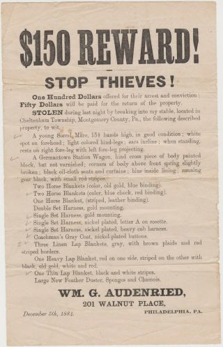 1884 Reward Poster Broadside - Stop Thieves - Philadelphia