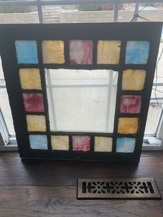 Antique Queen Anne Stain Glass Window Sash Vtg Square Colored 24x23
