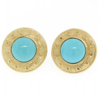 Vintage Large Detailed 14k Yellow Gold Round Bezel Set Turquoise Button Earrings