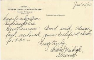 1925 Indianapolis Central Indiana Hospital For The Insane Letterhead