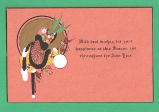 Vintage Hand - Painted Art Deco Christmas/new Year Greeting Card Lady Bird