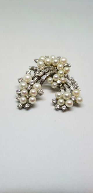14k White Gold Vintage Diamond And Pearl Pin Pendant