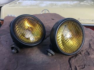 Pair Vintage Military Amber Yellow Fog Lamp Light Black Housing 12v