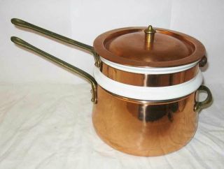 Vintage Copper & Ceramic Double Boiler Sauce Pan Kettle Brass Handles