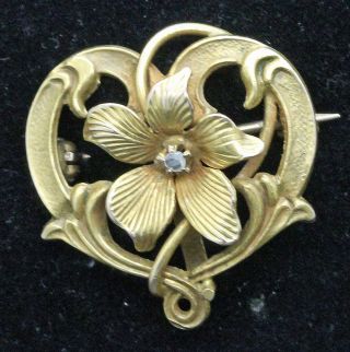 Vintage 10k Yellow Gold And Diamond Heart Pin.