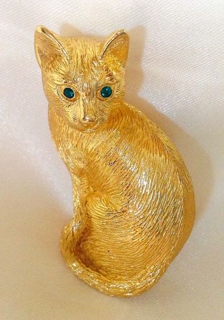 Vintage Christian Dior Cat Brooch With Green Crystal Eyes Gold Plated
