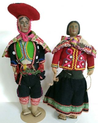 Vintage Peruvian Artist Dolls Handmade Peru Clay Heads Cloth Detailed Folk Art