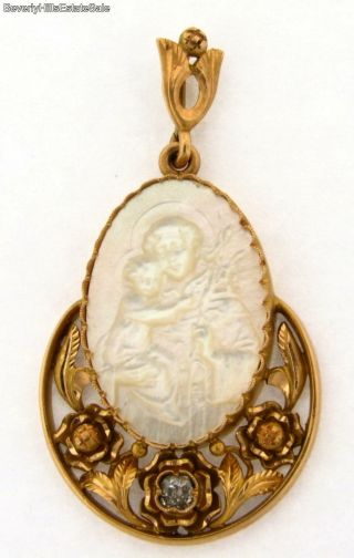 Antique Art Nouveau Religious Carved Mother Of Pearl Diamond 18k Gold Pendant