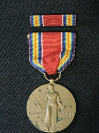 World War Ii Victory Medal With Service Ribbon Authentic Slot Brooch Mount
