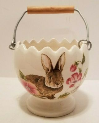 Precious Maxcera Brown Bunny Rabbit & Flowers Ceramic Basket Flower Pot Planter