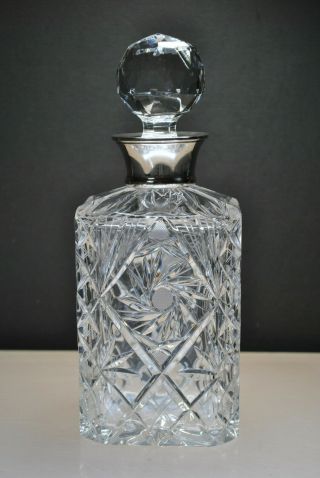 Rare Vintage R&d Cut Glass Crystal Pinwheel Decanter Sterling.  925 Silver Collar