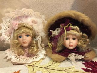 Two Victorian Style Porcelain Doll Head Christmas Ornaments