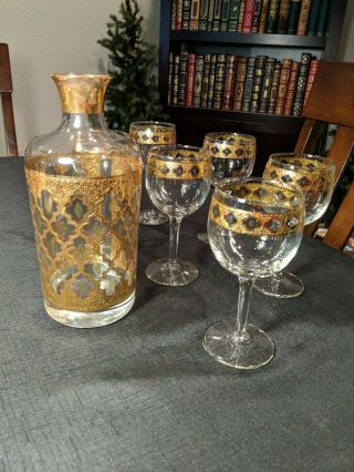 Culver Valencia Set.  Decanter/Carafe Wine Glass 22K Gold Mid Century Vintage 2