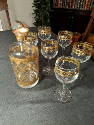 Culver Valencia Set.  Decanter/Carafe Wine Glass 22K Gold Mid Century Vintage 3