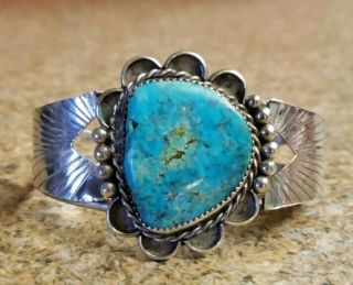 Vintage Turquoise Feather Sterling Silver Native American Cuff Bracelet
