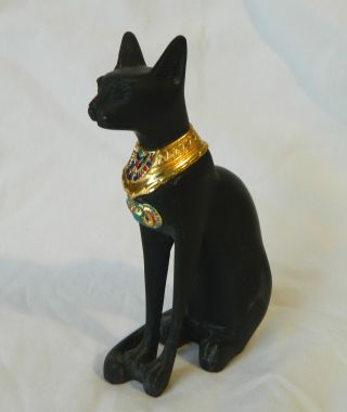 1 Egyptian Bastet Cat Goddess Resin Stone Statue Black Gold Scarab 5.  25 " 151