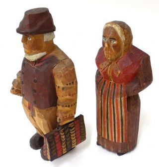 Axel M Peterson Vintage Folk Art Wood Carvings Couple Swedish Dress Geneva Il