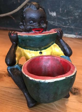Vintage Black Americana Boy Eating Watermelon Cast Iron Door Stop Trinket