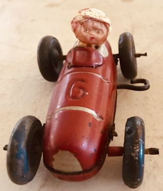 Vintage Tin Wind Up Celluloid Head Race Car Made In Occupied Japan Great