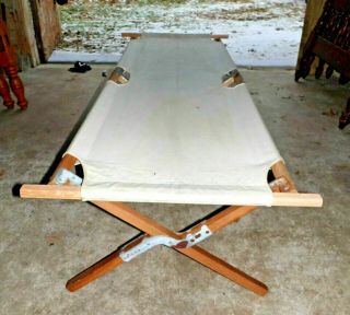 Vintage Folding Army Military Cot Canvas Solid Wood Frame & Metal Brackets