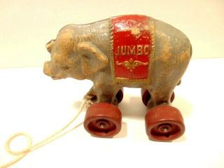 Vintage Hard Cast " Jumbo " Elephant Pull Toy With Damage To Trunk
