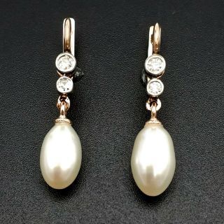 Antique Vintage Russian Gold Diamond Pearl Earrings