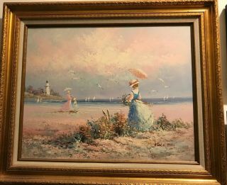 Vintage Signed Ocean Beach Lady Landscape Oil Painting Gold Gilt Frame