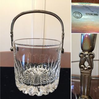 Vtg Georg Jensen 1137 Acorn Crystal Glass Ice Bucket W/ Sterling Silver Handle