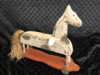 1987 Signed Wayne Swiech Vintage Carved Wood Horse On Wheels Pull Toy 11x9.  5”