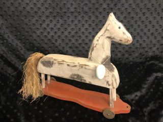 1987 Signed Wayne Swiech Vintage Carved Wood HORSE ON WHEELS PULL TOY 11x9.  5” 2