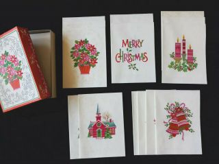 Box Of 14 Vintage Mid Century Christmas Cards With Glitter Snow Accents